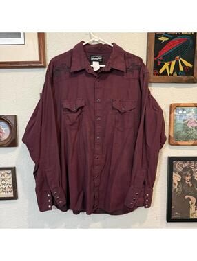 Vintage 90s Wrangler Pearl Snap Tribal Shirt Western Authentic Button Down 2XL